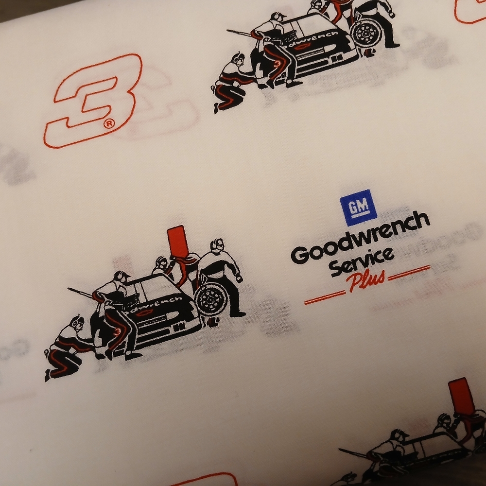 NOS GM GOODWRENCH #3,  fabric by the yard White Cotton Vintage Racing, Oak Hill